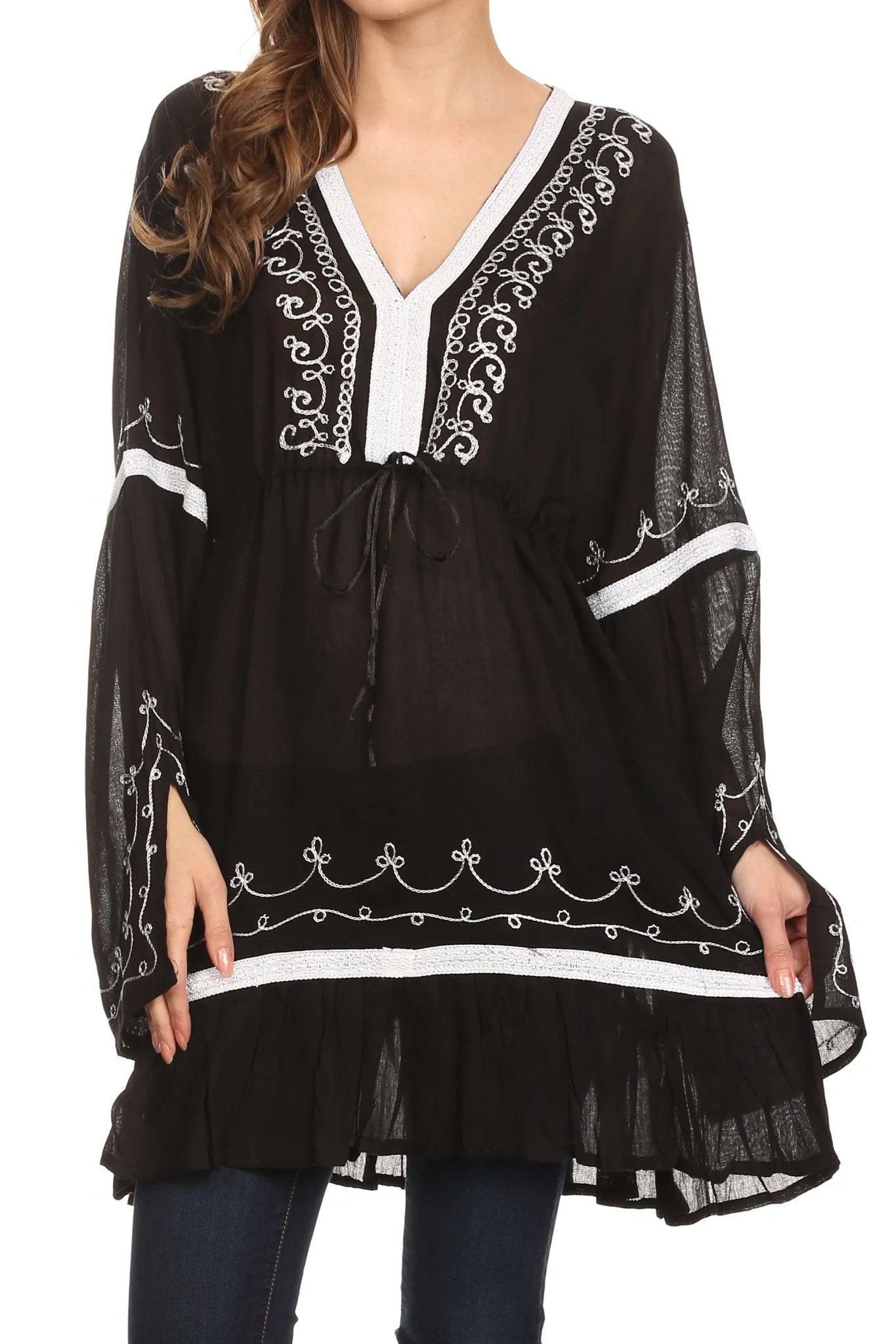 Sakkas Melina Embroidered V-Neck Kimono Sleeves Rayon Tunic Blouse / Cover-up