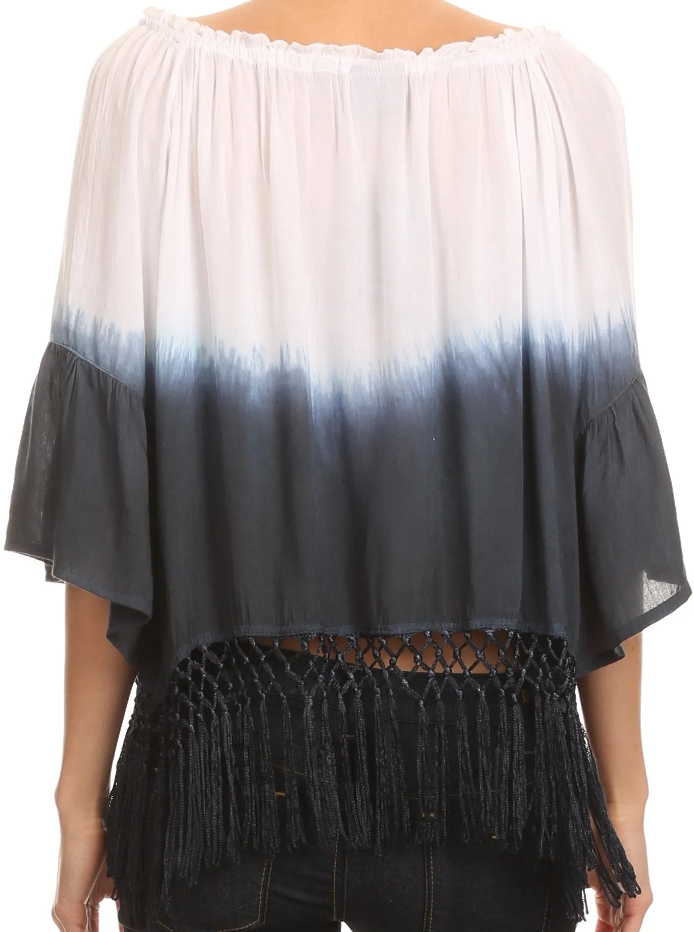 Sakkas Shax Short  Ombre Fringe Tassel 3/4 Wide Bell Sleeves Crop Top Blouse Shirt