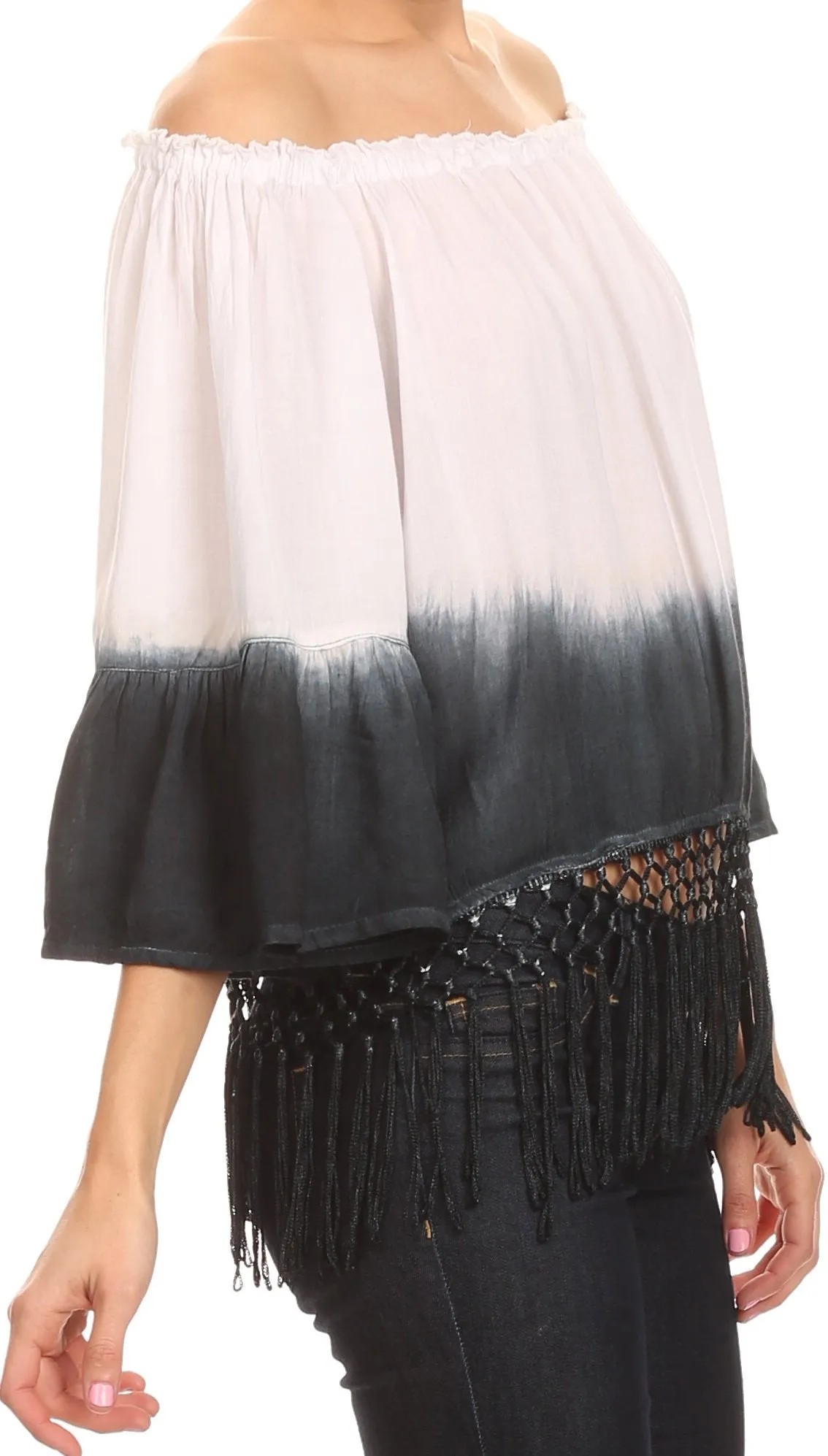 Sakkas Shax Short  Ombre Fringe Tassel 3/4 Wide Bell Sleeves Crop Top Blouse Shirt