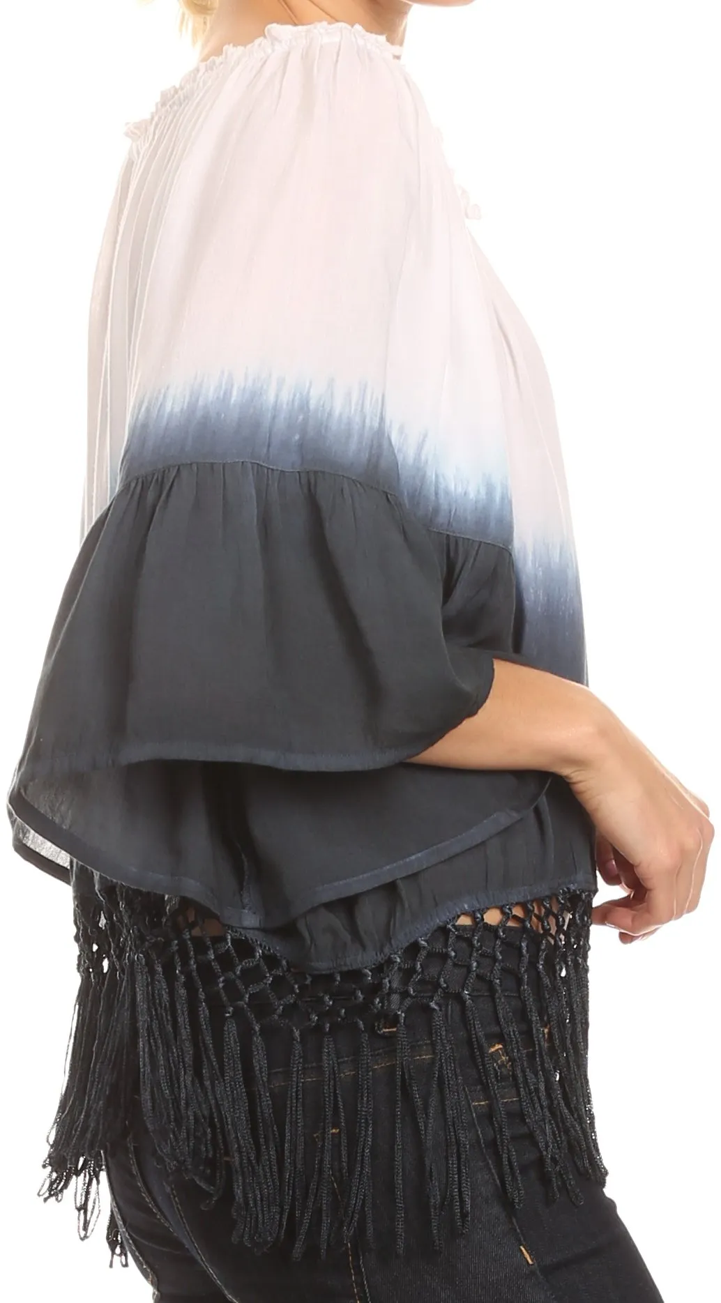 Sakkas Shax Short  Ombre Fringe Tassel 3/4 Wide Bell Sleeves Crop Top Blouse Shirt