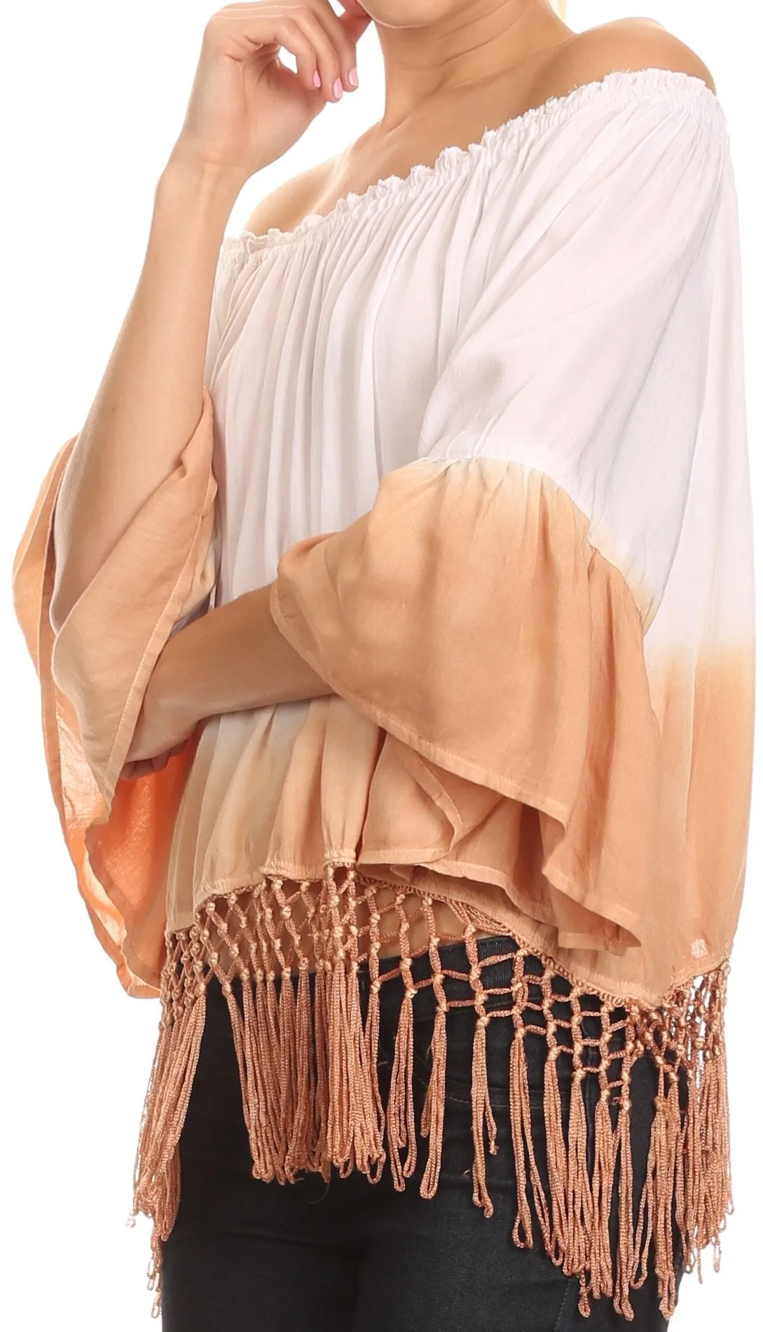 Sakkas Shax Short  Ombre Fringe Tassel 3/4 Wide Bell Sleeves Crop Top Blouse Shirt