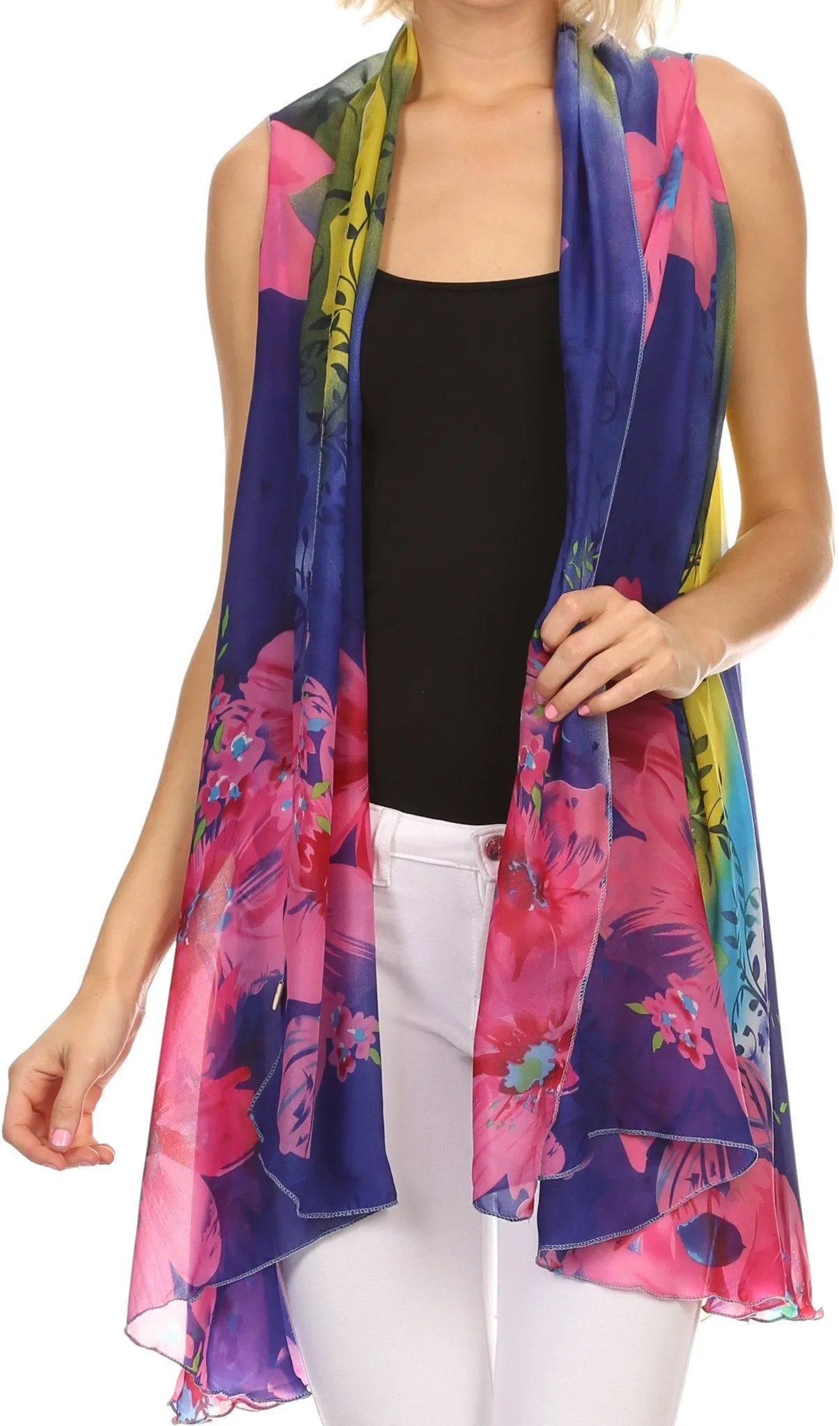 Sakkas Taommy Long Sleeveless Ombre Silky Draped Summer Floral Pattern Kimono