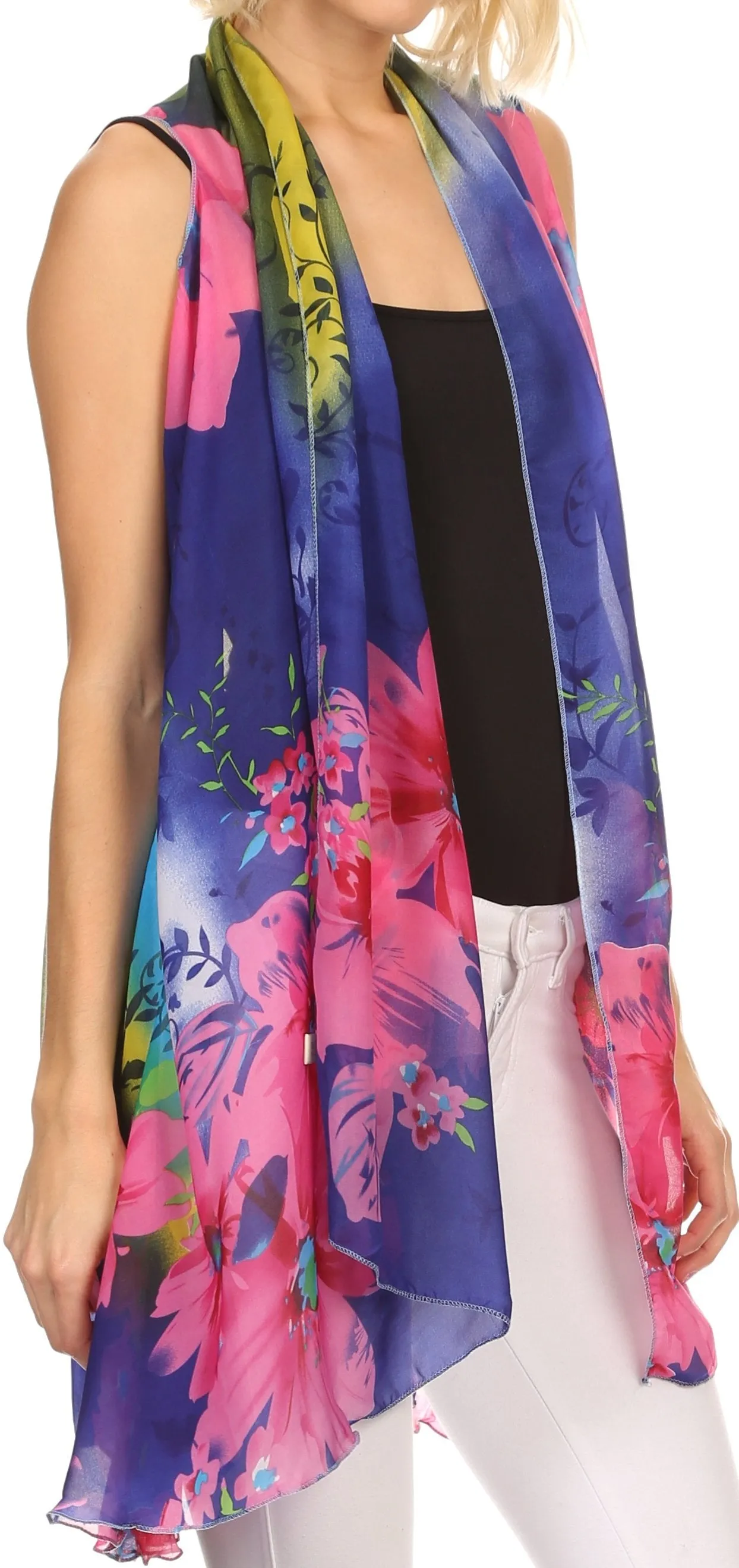 Sakkas Taommy Long Sleeveless Ombre Silky Draped Summer Floral Pattern Kimono