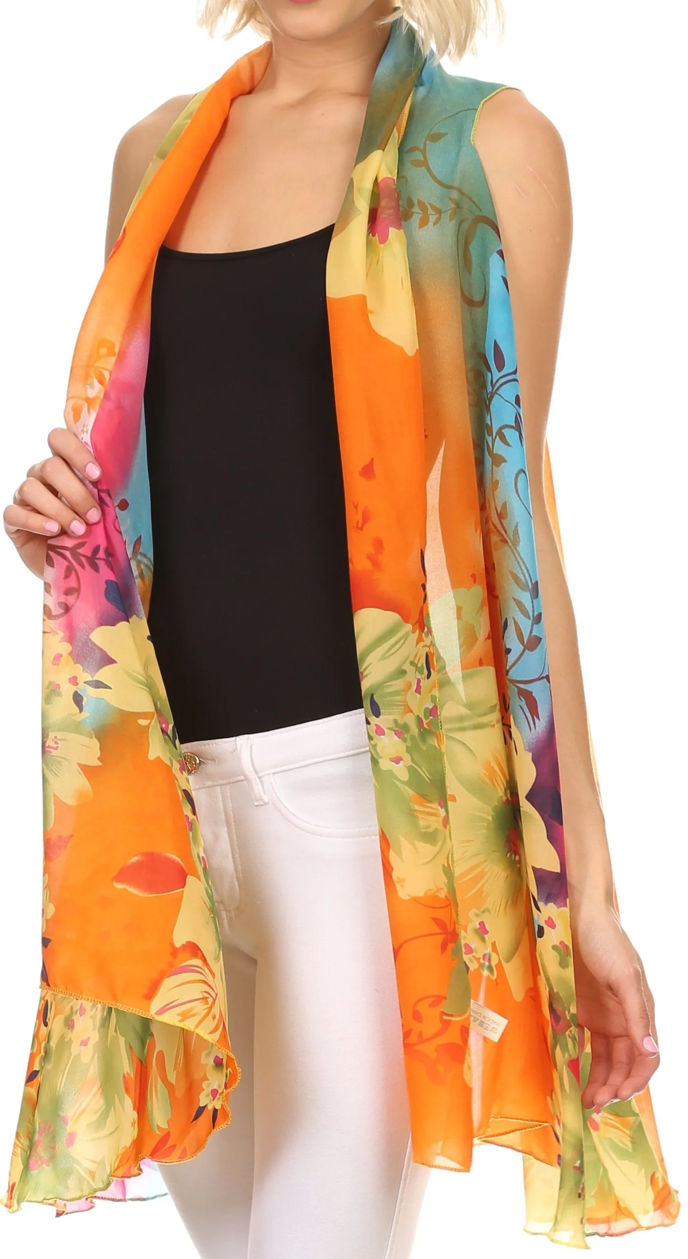 Sakkas Taommy Long Sleeveless Ombre Silky Draped Summer Floral Pattern Kimono