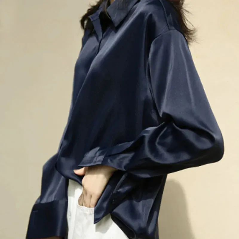 Satin Loose Collar Casual Button Turn-down Vintage Silk Elegant Spring Top