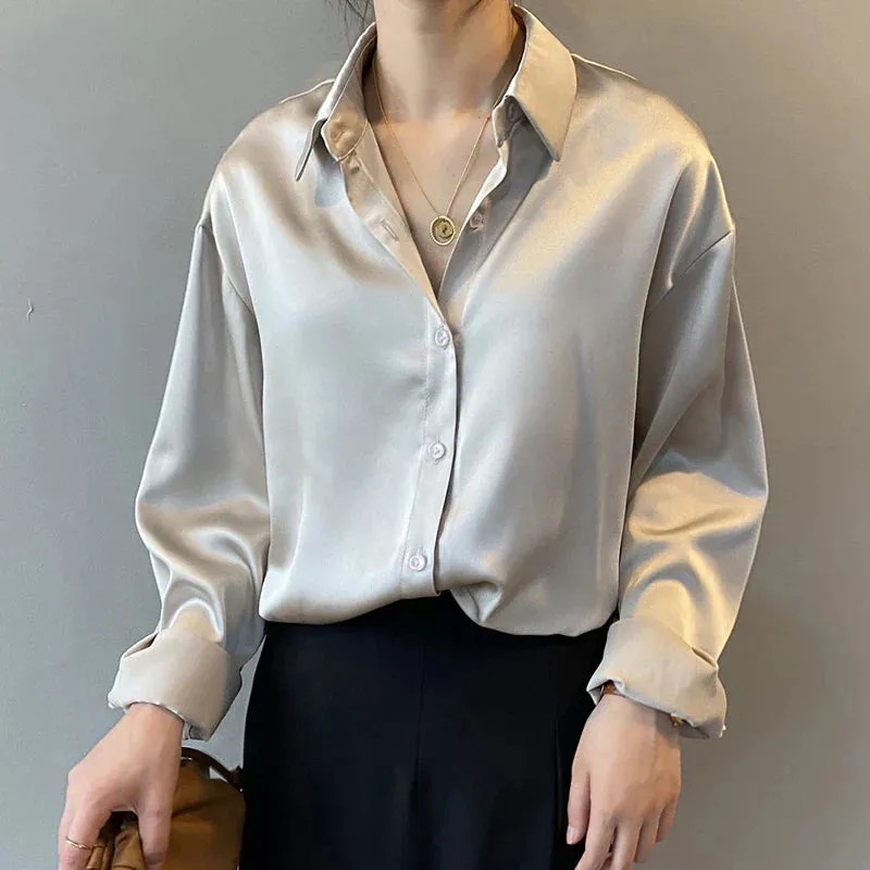 Satin Loose Collar Casual Button Turn-down Vintage Silk Elegant Spring Top