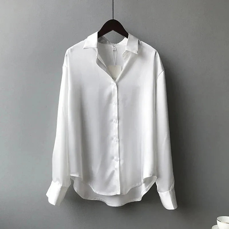 Satin Loose Collar Casual Button Turn-down Vintage Silk Elegant Spring Top