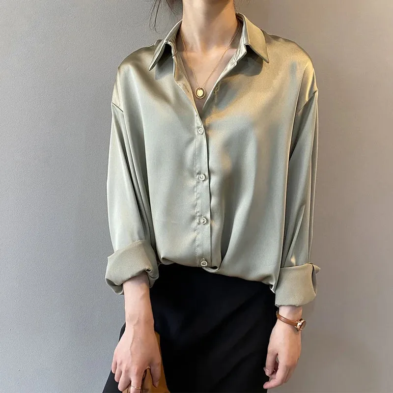 Satin Loose Collar Casual Button Turn-down Vintage Silk Elegant Spring Top