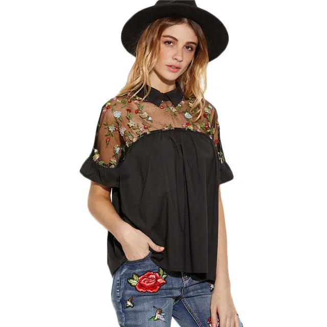 SHEIN Summer Tops Black Flower Embroidered Sheer Neck Ruffle Cuff Tie Back Top Woman Short Sleeve Vintage Blouse