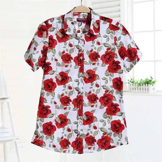 Summer Short Sleeve Beach Shirt Women Floral Blouses Print Cotton Tops Ladies Short Blusas Plus Size Women Clothes Fashion Shirt