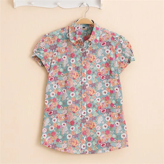 Summer Short Sleeve Beach Shirt Women Floral Blouses Print Cotton Tops Ladies Short Blusas Plus Size Women Clothes Fashion Shirt