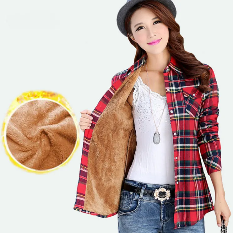 Velvet Thick Warm Women's Plaid Shirt Female Long Sleeve Tops M-XXL Size Winter Check Blouse Blusas Femininas Chemise Femme