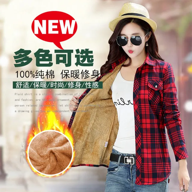 Velvet Thick Warm Women's Plaid Shirt Female Long Sleeve Tops M-XXL Size Winter Check Blouse Blusas Femininas Chemise Femme