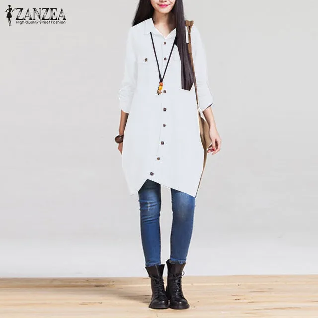 ZANZEA Fashion Women Blouses 2017 Autumn Long Sleeve Irregular Hem Cotton Shirts Casual Loose Blusas Tops Plus Size S-5XL