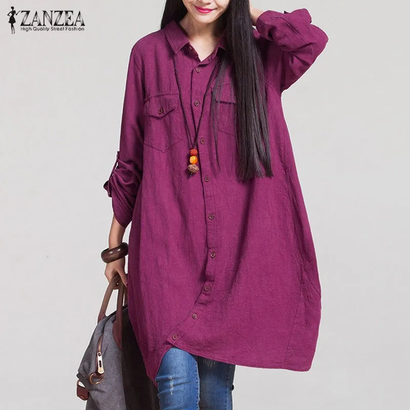 ZANZEA Fashion Women Blouses 2017 Autumn Long Sleeve Irregular Hem Cotton Shirts Casual Loose Blusas Tops Plus Size S-5XL